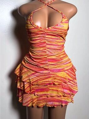 Wild Fable Vibrant Orange-Pink Ruffled Mini Dress